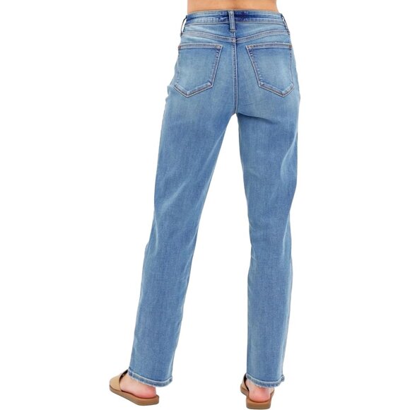 Women's High Rise Relaxed Straight Jeans Med Wash Cotton Blend 11 - Picture 2 of 2
